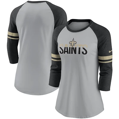 Women's Nike Heathered Gray/Black New Orleans Saints Stripe Mesh Nickname Tri-Blend 3/4-Sleeve T-Shirt