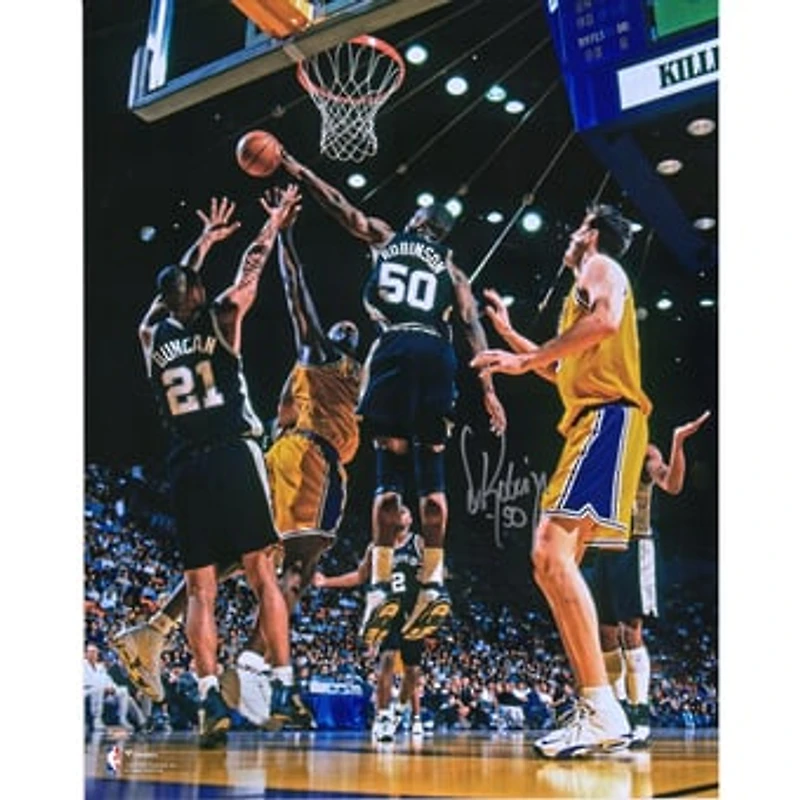 David Robinson San Antonio Spurs Autographed 16" x 20" Block vs. Los Angeles Lakers Photograph