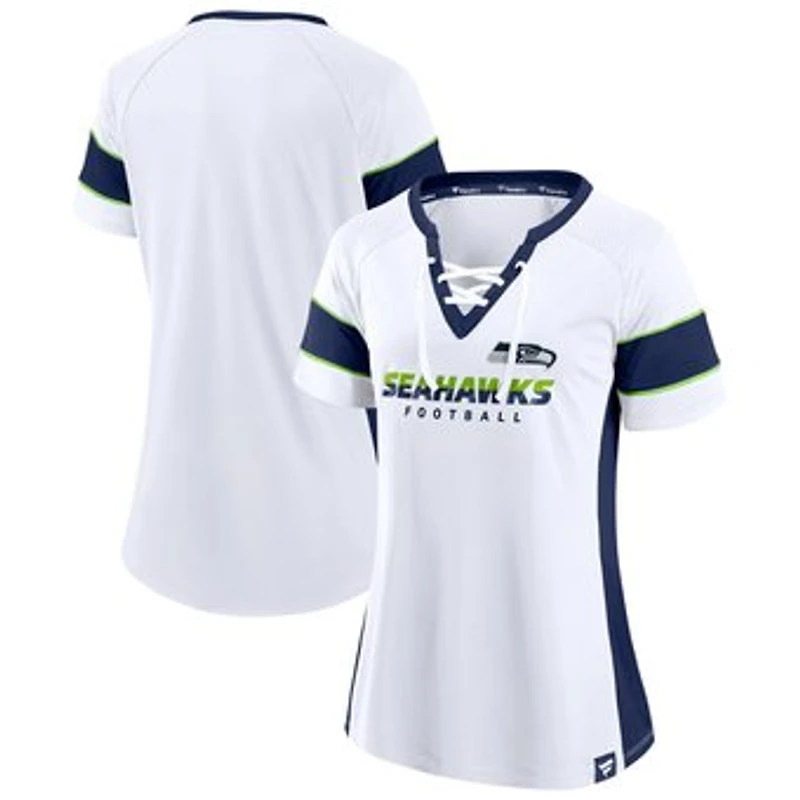 Women's Fanatics White/College Navy Seattle Seahawks Away Team Draft Me Lace-Up V-Neck T-Shirt