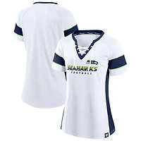 Women's Fanatics White/College Navy Seattle Seahawks Away Team Draft Me Lace-Up V-Neck T-Shirt