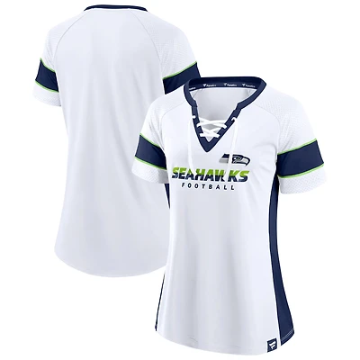 Women's Fanatics White/College Navy Seattle Seahawks Away Team Draft Me Lace-Up V-Neck T-Shirt