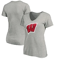 Women's Fanatics Heathered Gray Wisconsin Badgers Primary Logo V-Neck T-Shirt