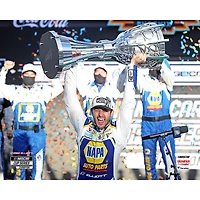 Chase Elliott Unsigned 2020 NASCAR Cup Champion Holding Trophy Above Head Photograph