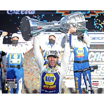 Chase Elliott Unsigned 2020 NASCAR Cup Champion Holding Trophy Above Head Photograph