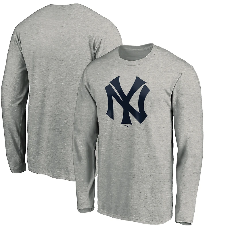 Men's Heathered Gray New York Yankees Cooperstown Collection Huntington Logo Long Sleeve T-Shirt
