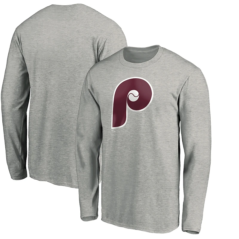 Men's Heathered Gray Philadelphia Phillies Cooperstown Collection Huntington Logo Long Sleeve T-Shirt