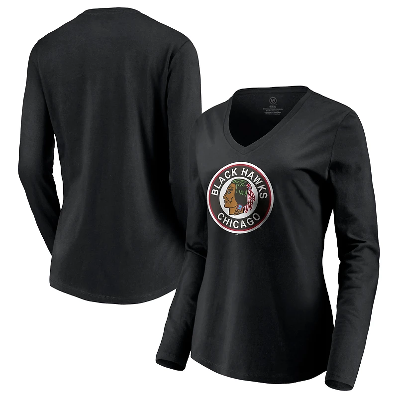 Women's Black Chicago Blackhawks Special Edition Primary Logo V-Neck Long Sleeve T-Shirt