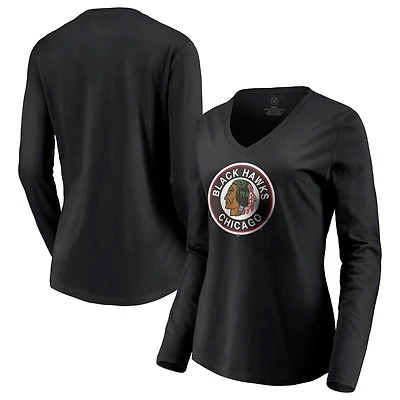 Women's Black Chicago Blackhawks Special Edition Primary Logo V-Neck Long Sleeve T-Shirt