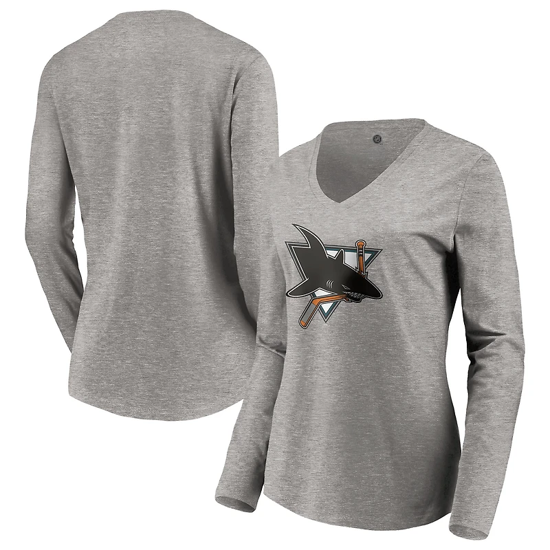 Women's Heather Gray San Jose Sharks Special Edition Primary Logo V-Neck Long Sleeve T-Shirt