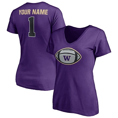 Women's Purple Washington Huskies Game Ball Football Personalized Name V-Neck T-Shirt