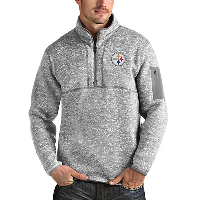 Men's Antigua Heather Gray Pittsburgh Steelers Team Logo Fortune Quarter-Zip Pullover Jacket