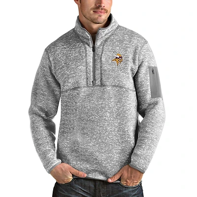 Men's Antigua Heather Gray Minnesota Vikings Team Logo Fortune Quarter-Zip Pullover Jacket