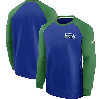 Men's Nike Royal/Green Seattle Seahawks Historic Raglan Crew Performance Sweater