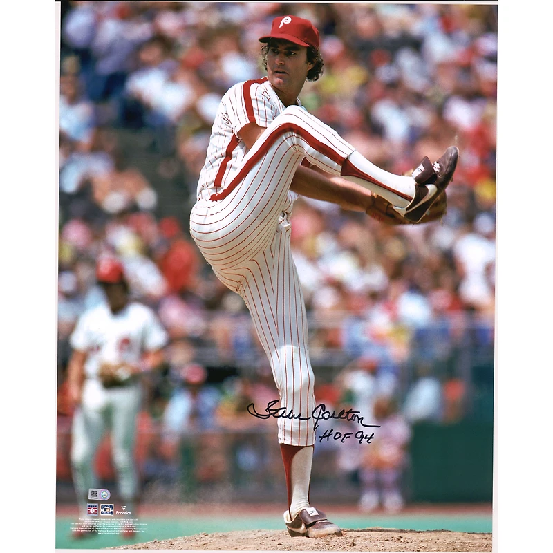 Steve Carlton Philadelphia Phillies Autographed 16" x 20" Pitching Photograph with "HOF 94" Inscription