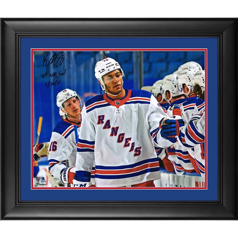 K'Andre Miller New York Rangers Autographed Framed 16" x 20" NHL Debut Skating Photograph with "1st NHL Goal 1/26/21" Inscription