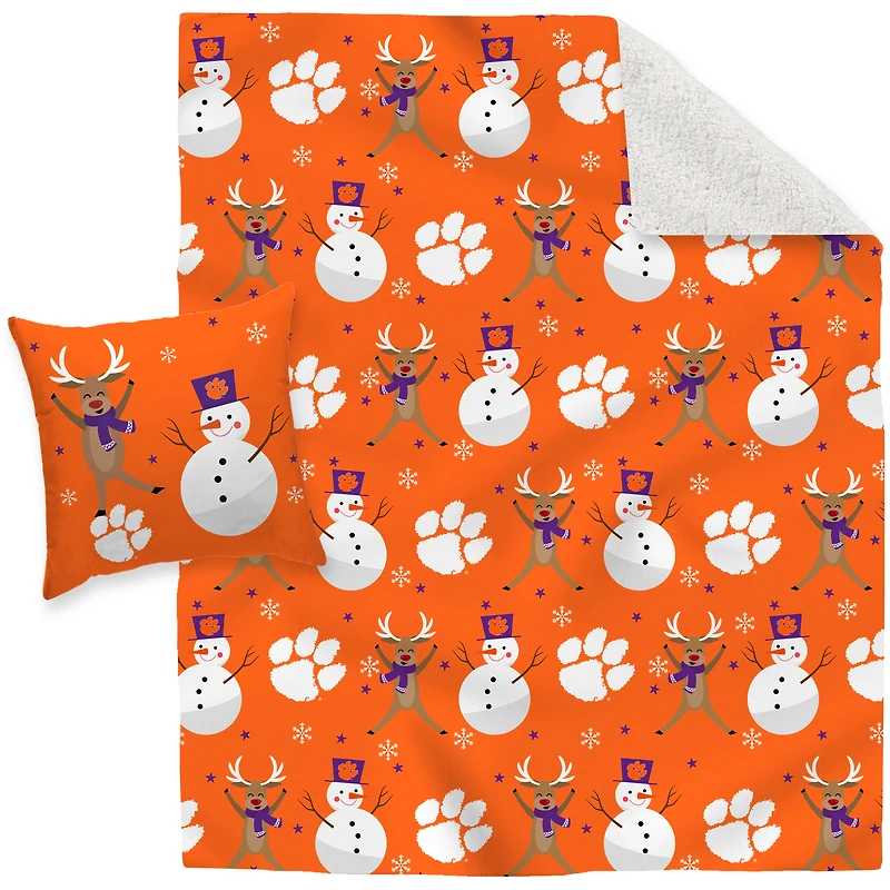 Clemson Tigers Holiday Reindeer Blanket and Pillow Combo Set