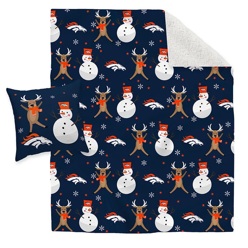 Denver Broncos Holiday Reindeer Blanket and Pillow Combo Set