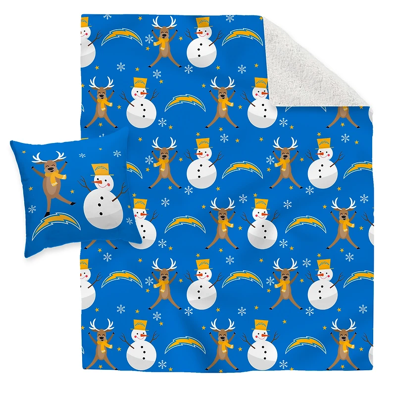 Los Angeles Chargers Holiday Reindeer Blanket and Pillow Combo Set