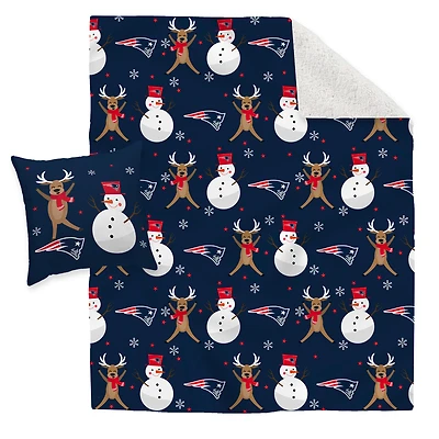 New England Patriots Holiday Reindeer Blanket and Pillow Combo Set