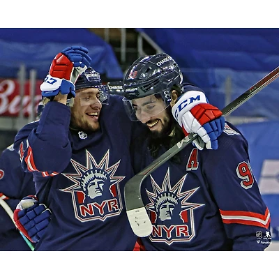 Artemi Panarin & Mika Zibanejad New York Rangers Unsigned Reverse Retro Jersey Win Celebration Photograph