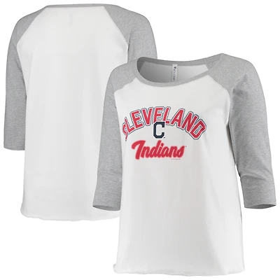 Women's Soft as a Grape White/Heathered Gray Cleveland Indians Plus Size Baseball Raglan 3/4-Sleeve T-Shirt