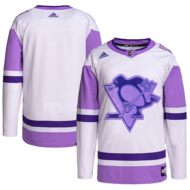 Men's adidas White/Purple Pittsburgh Penguins Hockey Fights Cancer Primegreen Authentic Blank Practice Jersey
