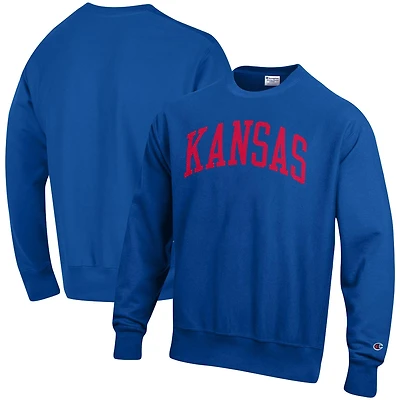 Men's Champion Royal Kansas Jayhawks Relaxed Fit Arch Reverse Weave Pullover Sweatshirt