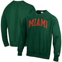 Men's Champion Green Miami Hurricanes Relaxed Fit Arch Reverse Weave Pullover Sweatshirt