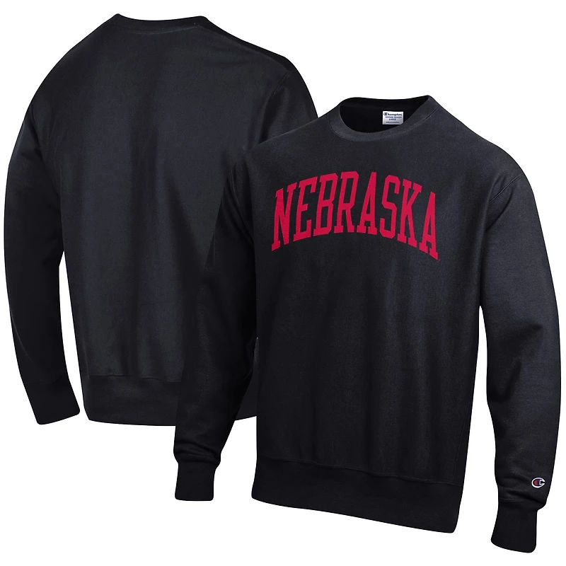 Men's Champion Black Nebraska Huskers Relaxed Fit Arch Reverse Weave Pullover Sweatshirt
