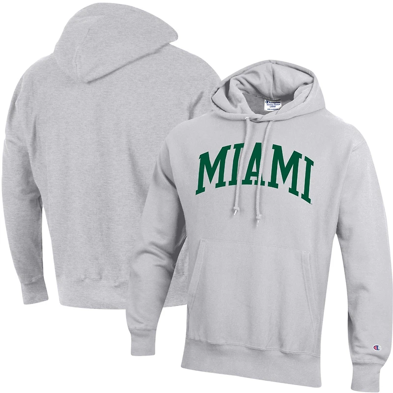 Men's Champion Heather Gray Miami Hurricanes Team Arch Reverse Weave Relaxed Fit Pullover Hoodie