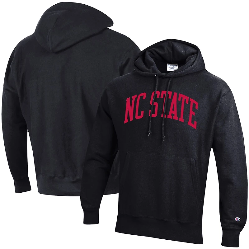 Men's Champion Black NC State Wolfpack Team Arch Reverse Weave Relaxed Fit Pullover Hoodie