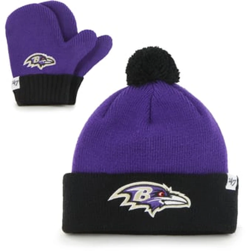 Toddler '47 Purple/Black Baltimore Ravens Bam Bam Cuffed Knit Hat with Pom and Mittens Set