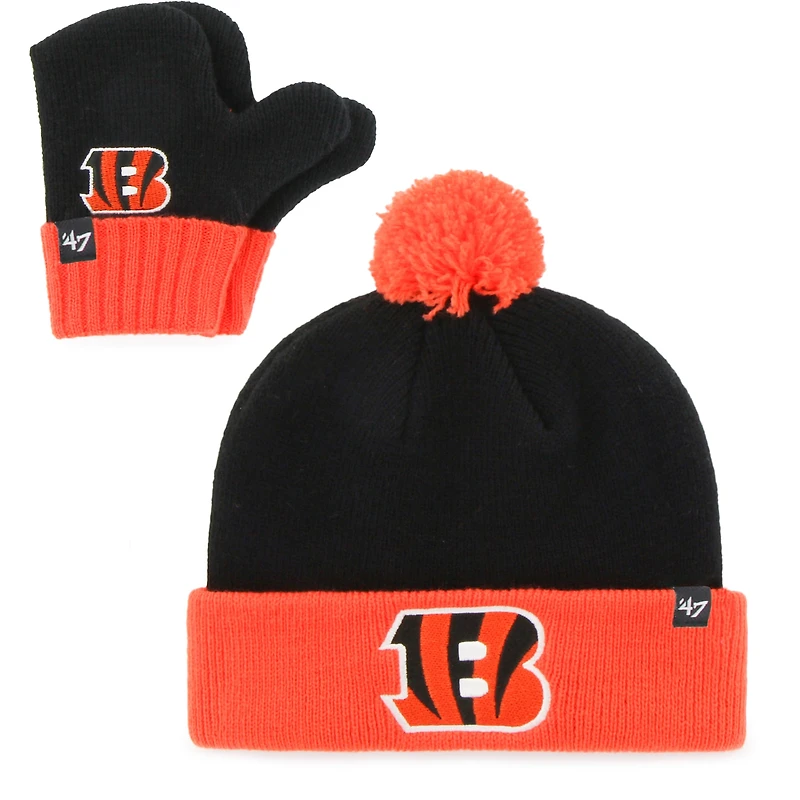 Toddler '47 Black/Orange Cincinnati Bengals Bam Bam Cuffed Knit Hat with Pom and Mittens Set
