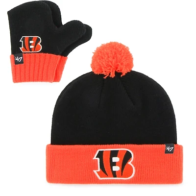 Toddler '47 Black/Orange Cincinnati Bengals Bam Bam Cuffed Knit Hat with Pom and Mittens Set