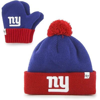 Toddler '47 Royal/Red New York Giants Bam Bam Cuffed Knit Hat with Pom and Mittens Set