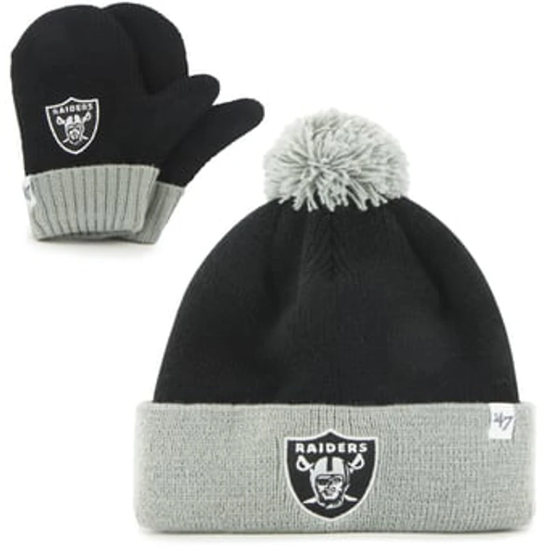 Toddler '47 Black/Silver Las Vegas Raiders Bam Bam Cuffed Knit Hat with Pom and Mittens Set