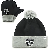 Toddler '47 Black/Silver Las Vegas Raiders Bam Bam Cuffed Knit Hat with Pom and Mittens Set