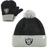 Toddler '47 Black/Silver Las Vegas Raiders Bam Bam Cuffed Knit Hat with Pom and Mittens Set