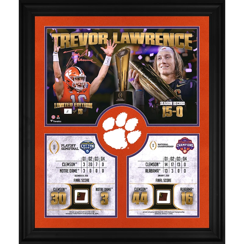 Trevor Lawrence Clemson Tigers Framed Autographed 2018 College Football Playoff Champions Collage with a Piece of Game Used Football from both the 2018 Cotton Bowl and 2019 National Championship Game - Limited Edition of 16