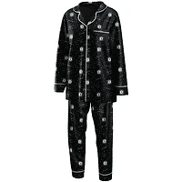 Women's WEAR by Erin Andrews Black Brooklyn Nets Long Sleeve Button-Up Shirt & Pants Sleep Set