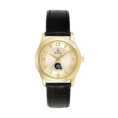 Women's Bulova Gold/Black Albany State Golden Rams Stainless Steel Watch with Leather Band