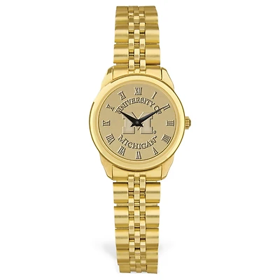 Women's Michigan Wolverines Gold Medallion Rolled Link Bracelet Wristwatch