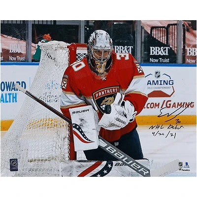Spencer Knight Florida Panthers Autographed 16" x 20" Goalie Photograph with "NHL Debut 4/20/21" Inscription