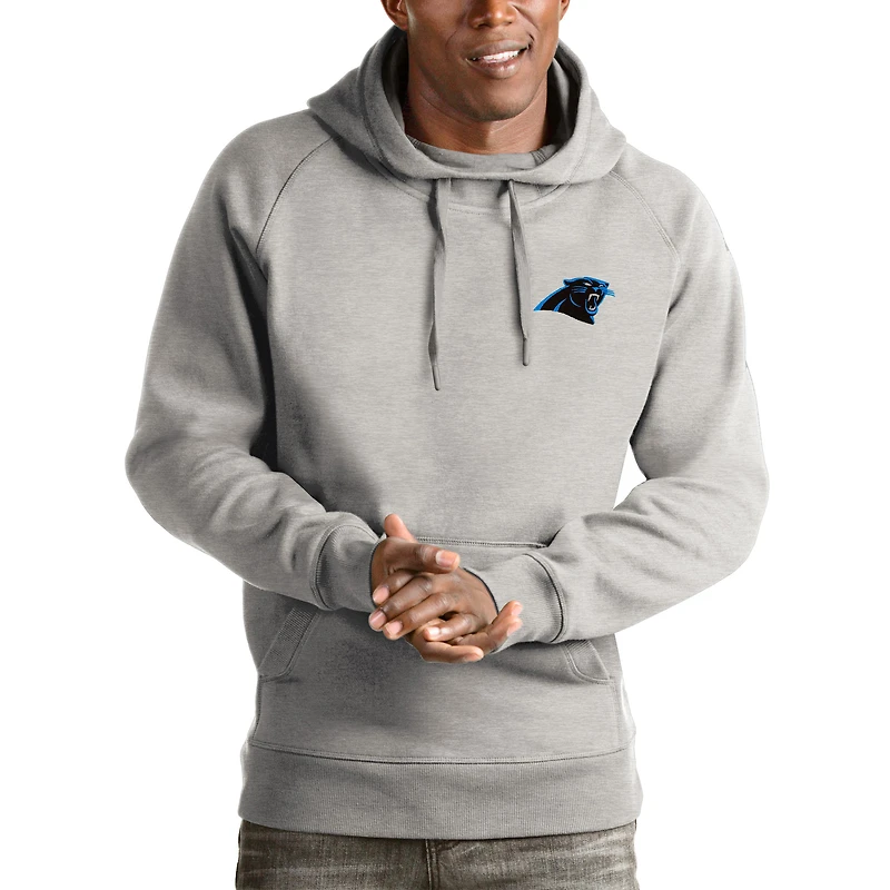 Men's Antigua Heathered Gray Carolina Panthers Logo Victory Pullover Hoodie