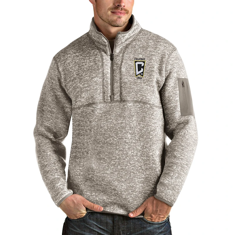Men's Antigua Oatmeal Columbus Crew Fortune Quarter-Zip Pullover Jacket