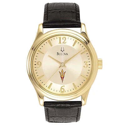 Arizona State Sun Devils Gold-Tone Stainless Steel Watch with Black Leather
