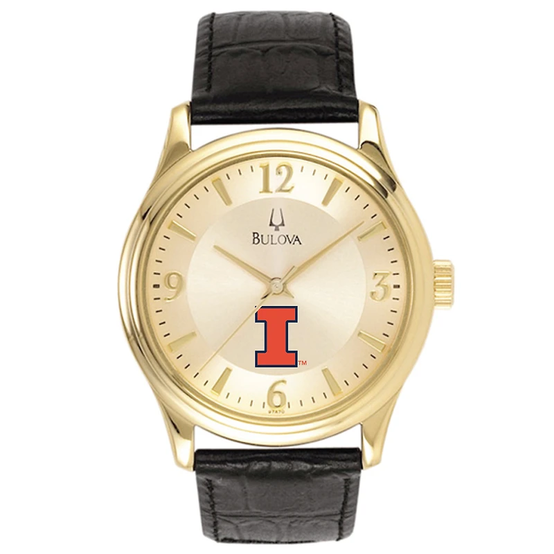 Illinois Fighting Illini Gold-Tone Stainless Steel Watch with Black Leather