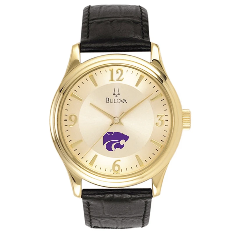 Kansas State Wildcats Gold-Tone Stainless Steel Watch with Black Leather