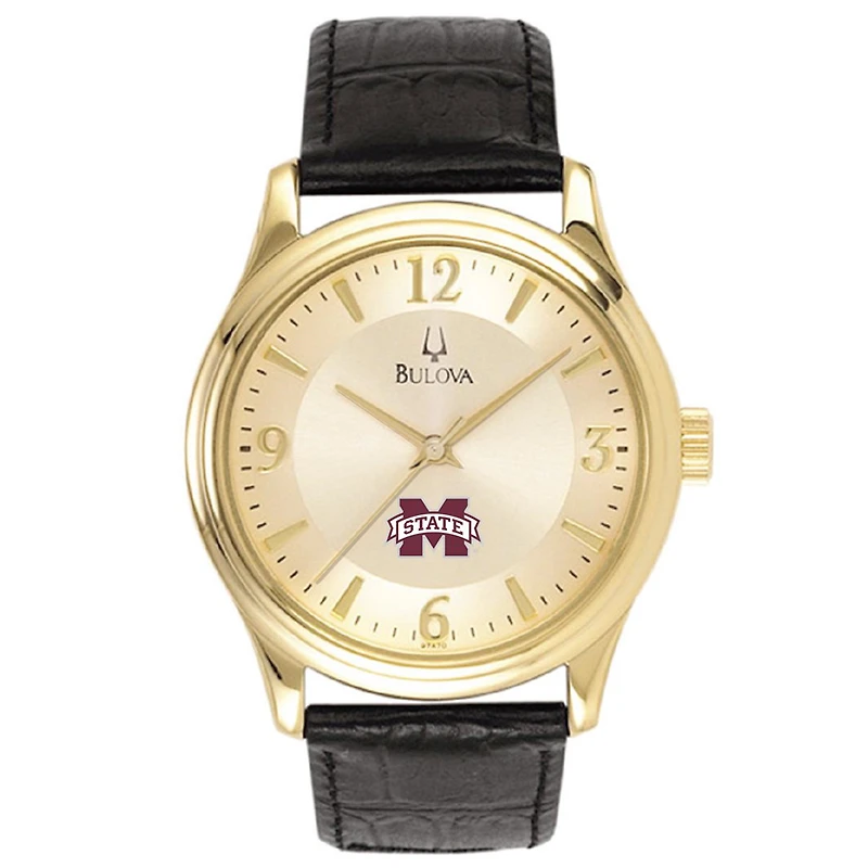 Mississippi State Bulldogs Gold-Tone Stainless Steel Watch with Black Leather
