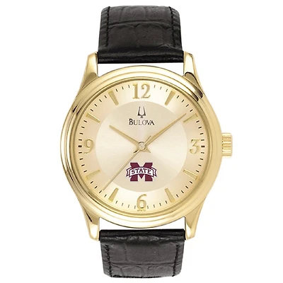 Mississippi State Bulldogs Gold-Tone Stainless Steel Watch with Black Leather